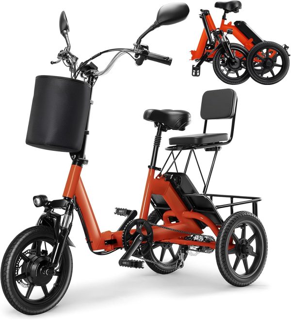 Electric Bike, 350W(Peak 750W) Brushless Motor Folding Trike, 2 Seats Ebike, 480Wh Removable Battery, Step-Thru 3 Wheel Electric Bicycle, Up to 45 Miles, Tricycle for Adults Parents