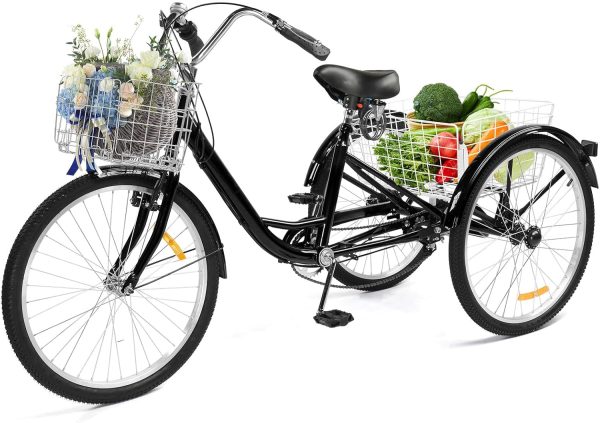 Adult Tricycle, Three-Wheeled Bicycles, Cargo Tricycle with 24/26 Inch Wheel Options, Large Basket, 7 Speed, Low Step-Through High Carbon Steel Frame and Rubber Tire(Blue/Black)