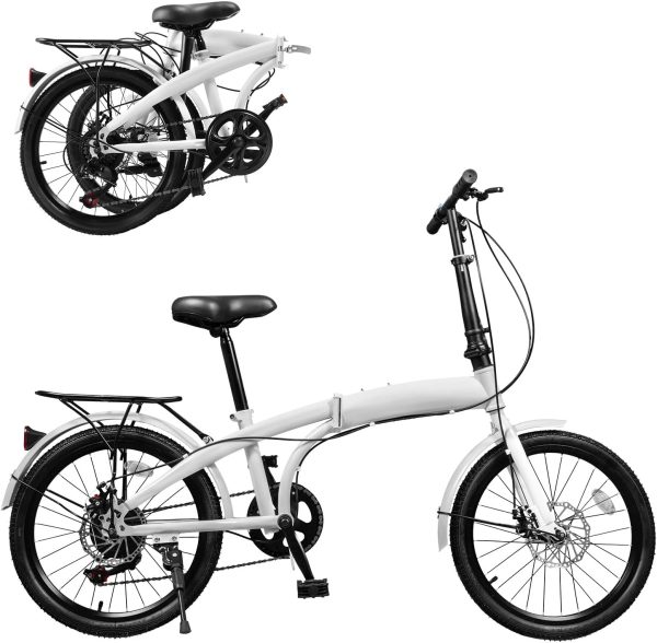 20-Inch Folding Bike with 7-Speed, Lightweight Collapsible Bicycle for City Commuting, Foldable Bikes w/ Adjustable Seat Height & Elevable Handlebars, 7-Gear Transmission Disc Brakes for Traveling