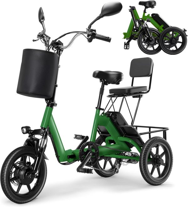 Electric Bike, 350W(Peak 750W) Brushless Motor Folding Trike, 2 Seats Ebike, 480Wh Removable Battery, Step-Thru 3 Wheel Electric Bicycle, Up to 45 Miles, Tricycle for Adults Parents