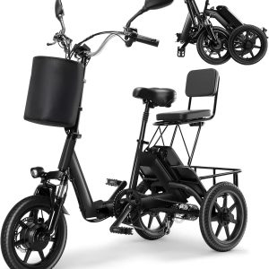 Electric Bike, 350W(Peak 750W) Brushless Motor Folding Trike, 2 Seats Ebike, 480Wh Removable Battery, Step-Thru 3 Wheel Electric Bicycle, Up to 45 Miles, Tricycle for Adults Parents