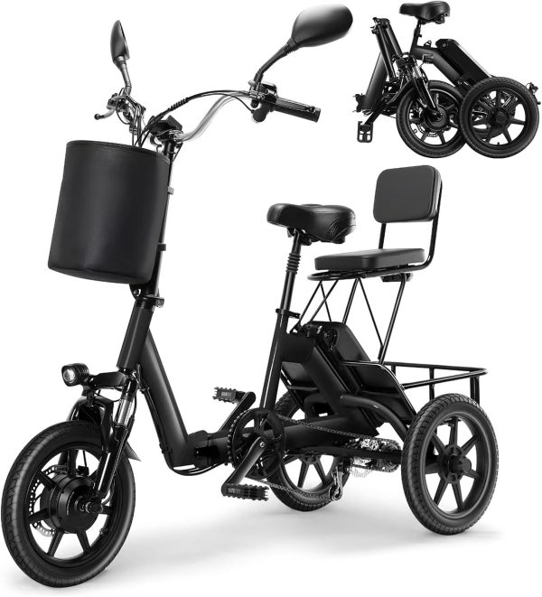 Electric Bike, 350W(Peak 750W) Brushless Motor Folding Trike, 2 Seats Ebike, 480Wh Removable Battery, Step-Thru 3 Wheel Electric Bicycle, Up to 45 Miles, Tricycle for Adults Parents