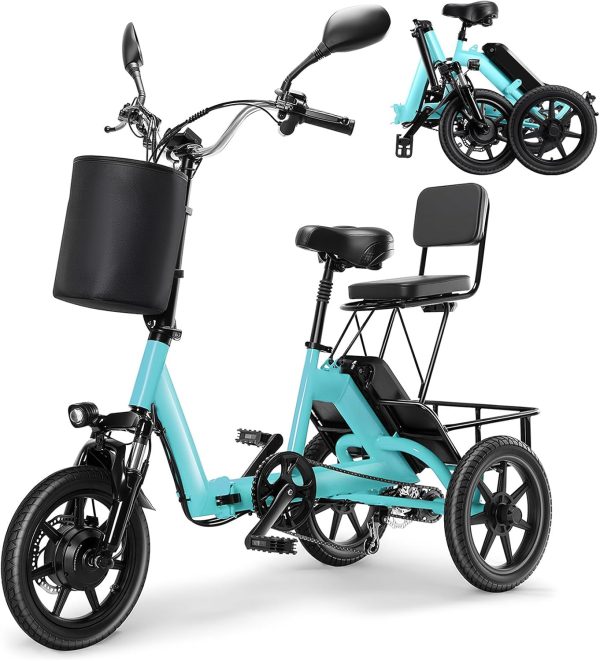 Electric Bike, 350W(Peak 750W) Brushless Motor Folding Trike, 2 Seats Ebike, 480Wh Removable Battery, Step-Thru 3 Wheel Electric Bicycle, Up to 45 Miles, Tricycle for Adults Parents
