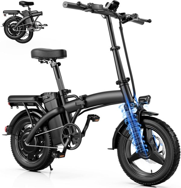 Electric Bike for Adults Peak 500W, 19.8MPH Max Speed Folding Electric Bicycles | 14" Mini Ebike Pedal Assist | 30° Uphill Shock Absorbers E-Bike | 48V10AH Removable Battery | Top 38 Miles PAS Range
