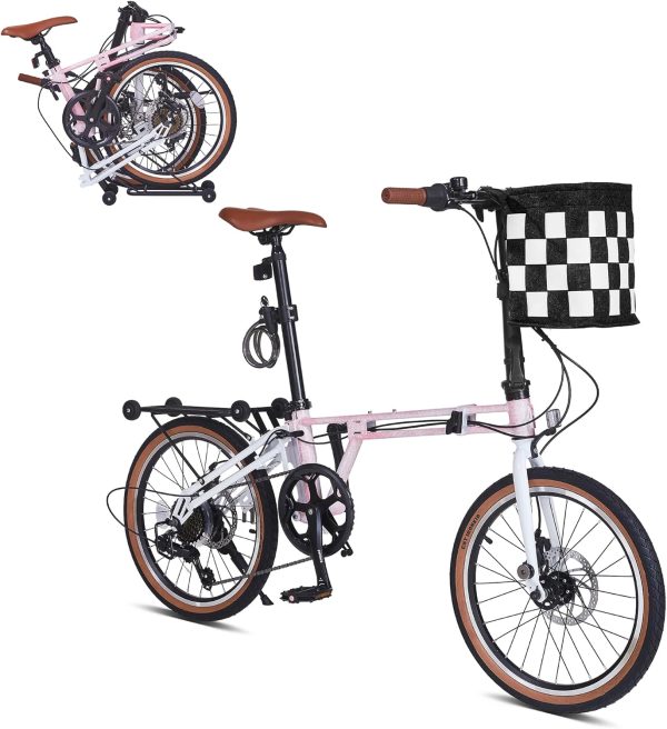 20 Inch Folding Bike, 7-Speed Foldable Bike for Adults Women Men, Folding Bicycles with Basket for Adults, Commuter Bikes with Front and Rear Disc Brakes, Adjustable Seat