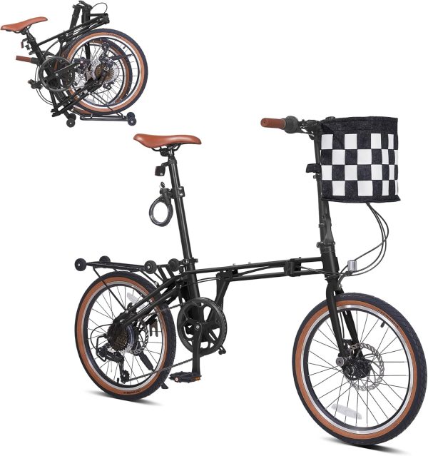 20 Inch Folding Bike, 7-Speed Foldable Bike for Adults Women Men, Folding Bicycles with Basket for Adults, Commuter Bikes with Front and Rear Disc Brakes, Adjustable Seat